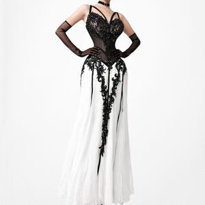 Vintage Y2K Black White Beaded Corset Mesh Sheer Midi Flared Prom Dress Size S